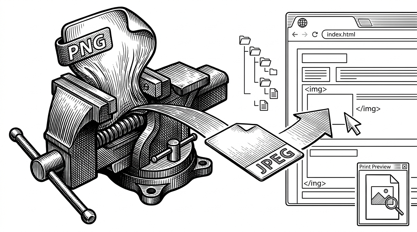 A close-up of a large image being squeezed through a compression vise and emerging as a smaller, cleaner asset before being slotted into an HTML page. It explains how the repo rewrites and optimizes images so the final PDF stays usable.