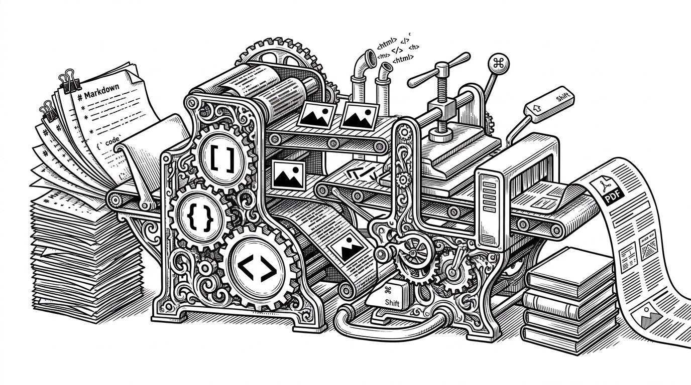 A wide print-shop scene where Markdown pages enter a browser-powered press and emerge as a clean book and PDF stack. It explains that the repository is not just a guide, but a publishing system with a built-in output pipeline.