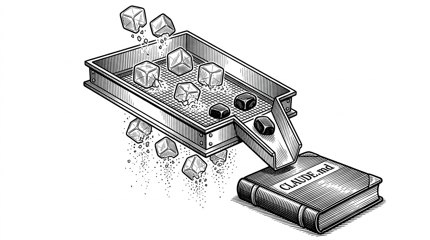 Glowing, translucent cubes being dropped into a large, industrial mechanical sifter. Most of the cubes crumble and fall through as dust, but a few solid, dark-inked 'knowledge stones' remain on the mesh, being channeled into a leather-bound ledger.