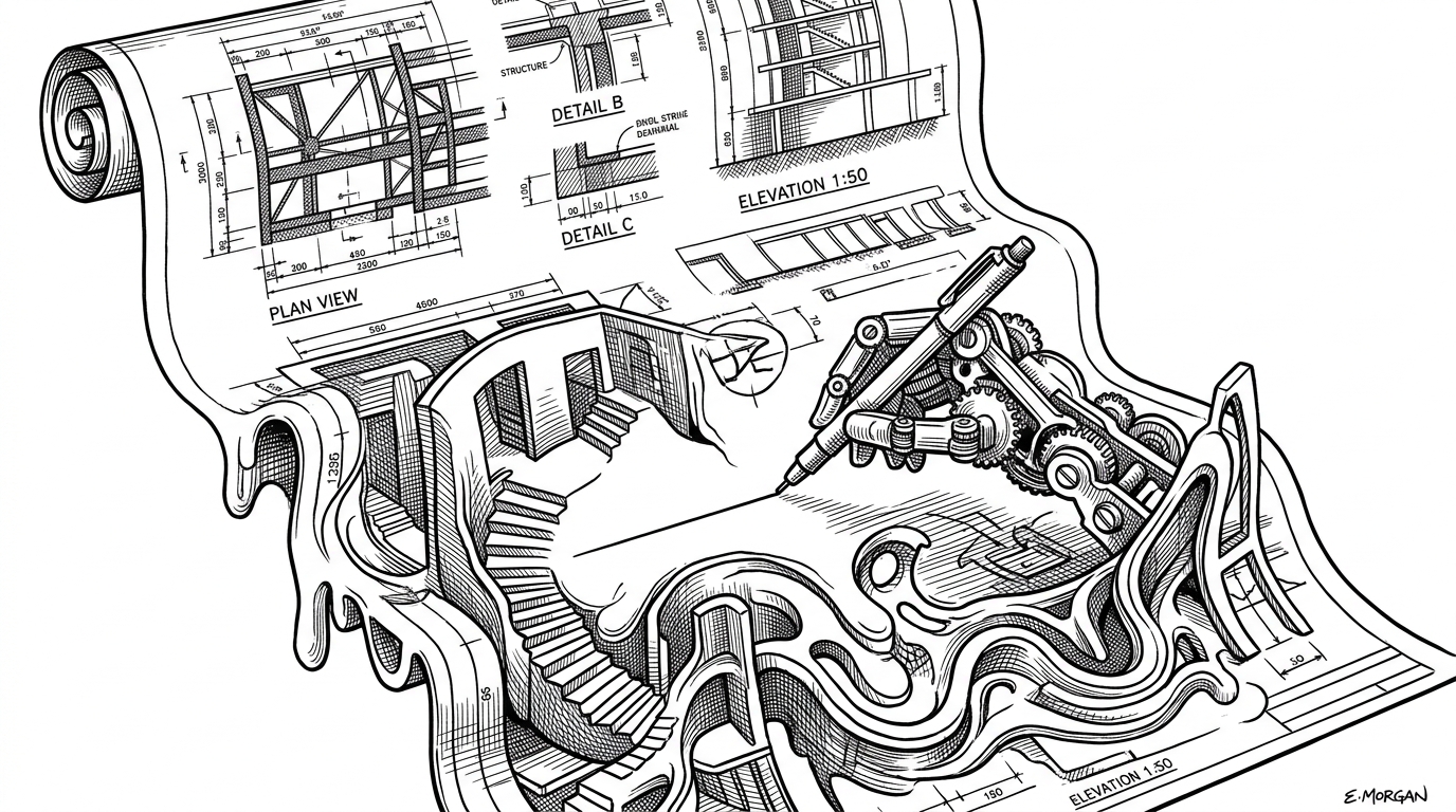 A high-precision architectural blueprint that warps into surrealist, melting shapes as it scrolls down, while a mechanical hand tries to draw a straight line over the melting portion.