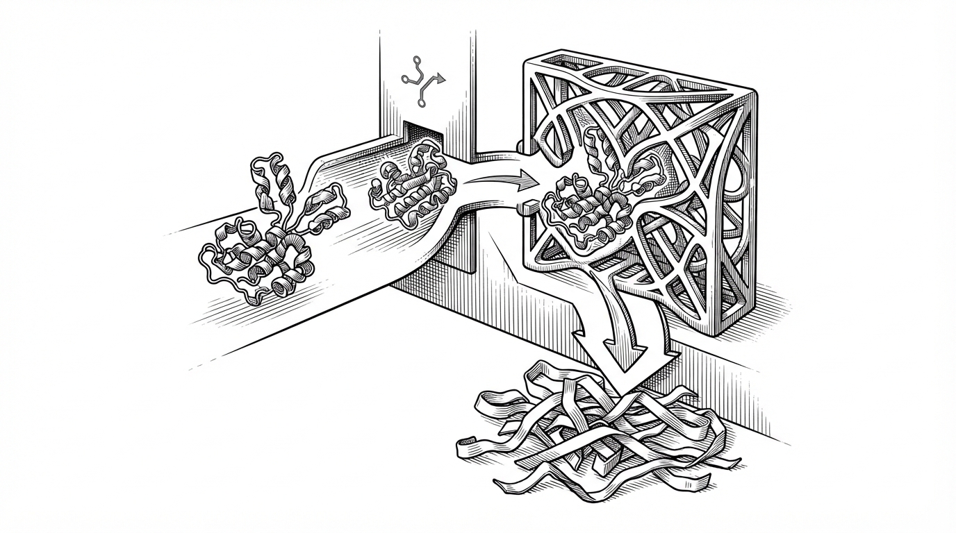 A close-up of a single peptide candidate moving through two gates. It passes a binding-affinity checkpoint, then faces a structural lattice where only a correctly folded shape can continue. Flat ribbon candidates fall away below the gate, while one candidate retains a 3D form and advances. This explains why the pipeline refuses to stop at sequence-only ranking.