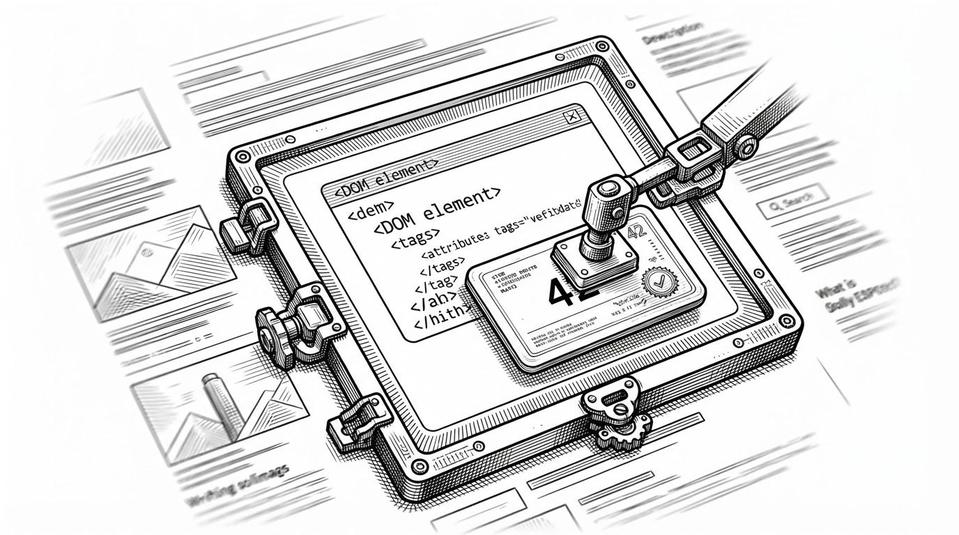 A close-up shows one DOM element becoming a numbered card while a guard frame surrounds it like a checkpoint. The background page shifts slightly, suggesting staleness, but the selected element remains verified before execution. The image explains how the system protects speed with validation instead of trusting an old observation.