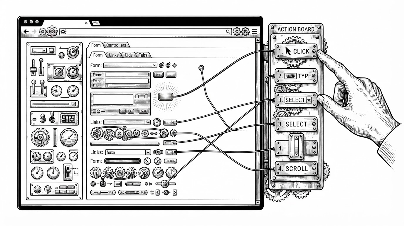 A browser window is recast as a mechanical control panel. On one side sits a page full of interactive controls, while on the other a numbered action board points to them with thin connecting lines. The image explains the core idea of the repo: the model chooses from an indexed set of actions instead of interpreting a screenshot from scratch.