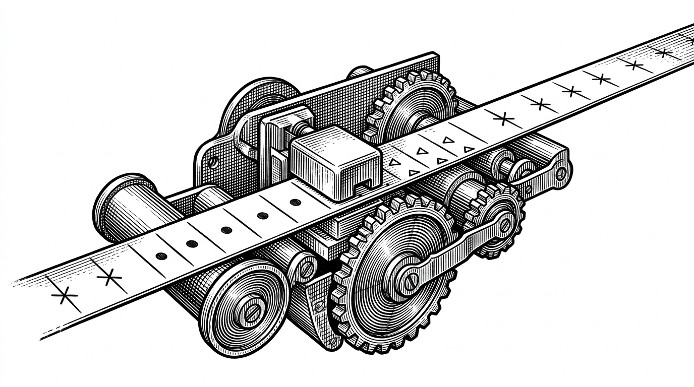 A close-up mechanical cross-section of a tape moving past a read head. Five frames are marked as accepted and eleven as rejected, while thin delta marks on the tape indicate replayable state updates instead of full copies. It explains how rollback restores only the accepted prefix rather than rerunning the entire model.