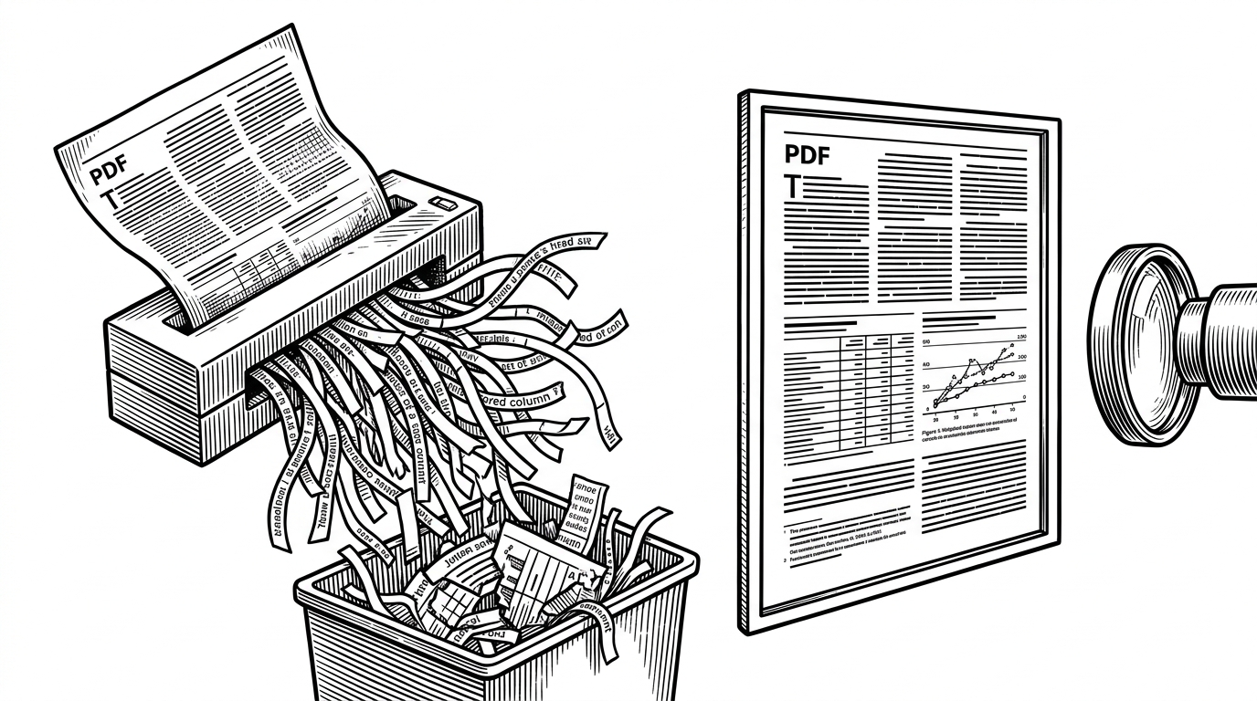 A split scene shows a flattened text pipeline on one side and a preserved page layout on the other. The left side turns a document into disordered text strips, while the right side keeps tables, captions, and columns arranged as a readable page image. The image explains why visual-first input is more faithful for complex PDFs.