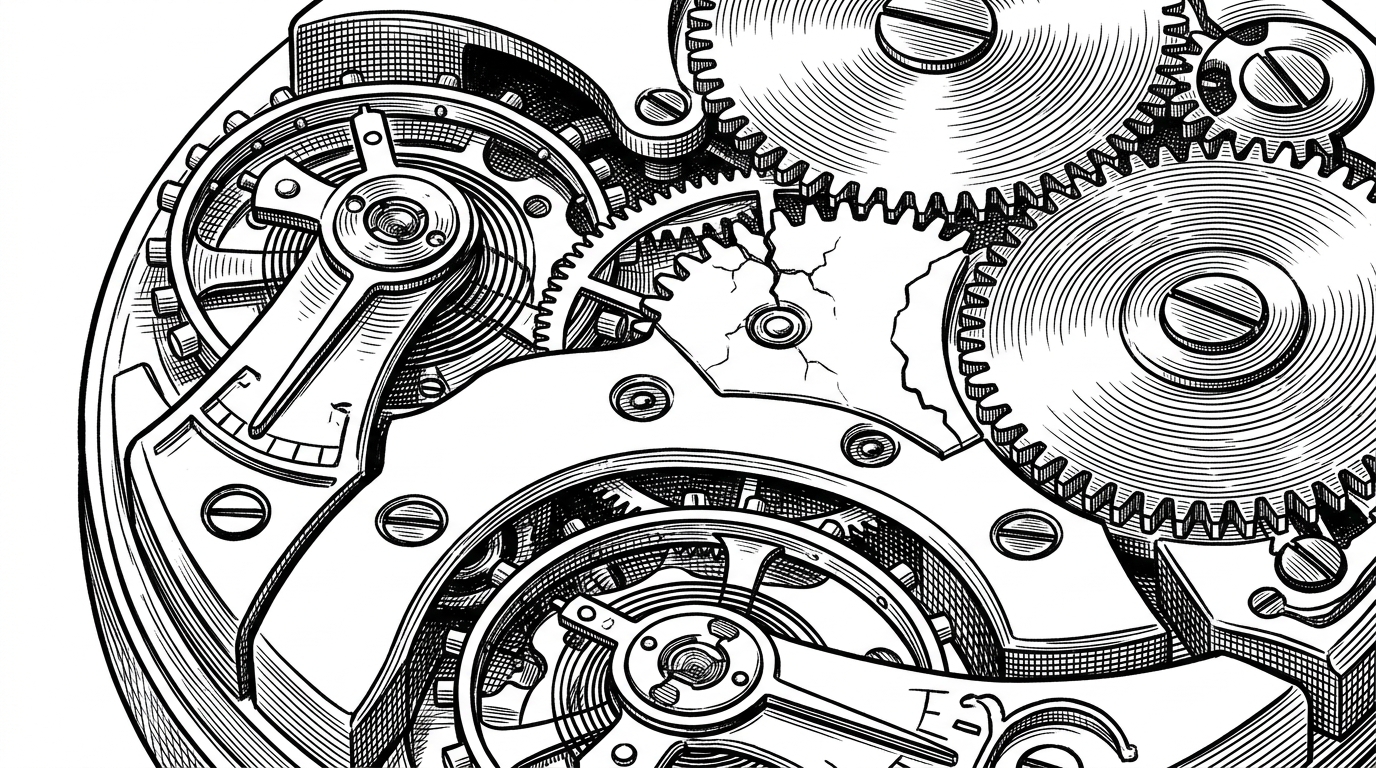 A single cracked gear tooth on an otherwise pristine clockwork mechanism, contained by a firewall line.