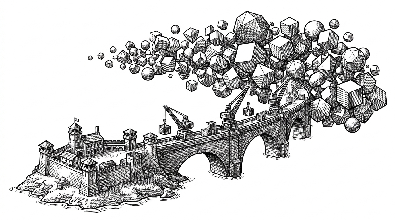 A massive stone bridge connecting a small fortified island to a glowing nebula in the sky, representing edge-to-cloud bridging.