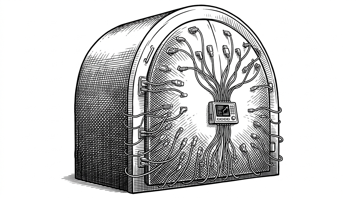 A massive vaulted bunker door with dozens of small glowing data cables plugged directly into its surface, representing a secure IoT gateway.