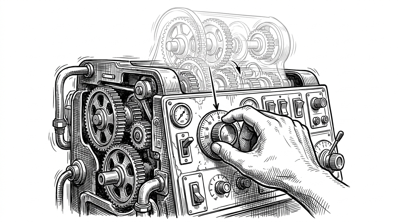 A hand adjusting a dial on a complex machine while the machine is running, illustrating zero-downtime reconfiguration.