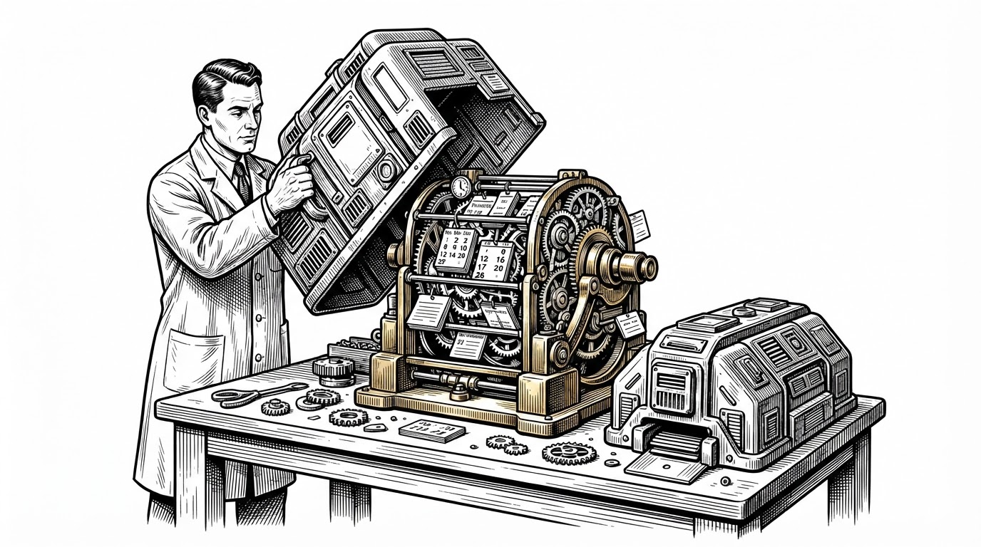 A wide editorial illustration of a large scheduling machine on a workbench while a technician removes bulky enterprise modules from its outer shell. The core mechanism beneath keeps ticking, with calendar cards and gears still aligned, showing how the fork preserves the booking engine while stripping away extra layers.