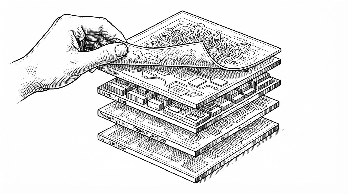 A close-up editorial illustration of a transparent panel being lifted from a layered software stack. The top layer contains enterprise features being peeled away, while the lower strata stay aligned as API routes, service classes, Prisma migrations, and database tables.