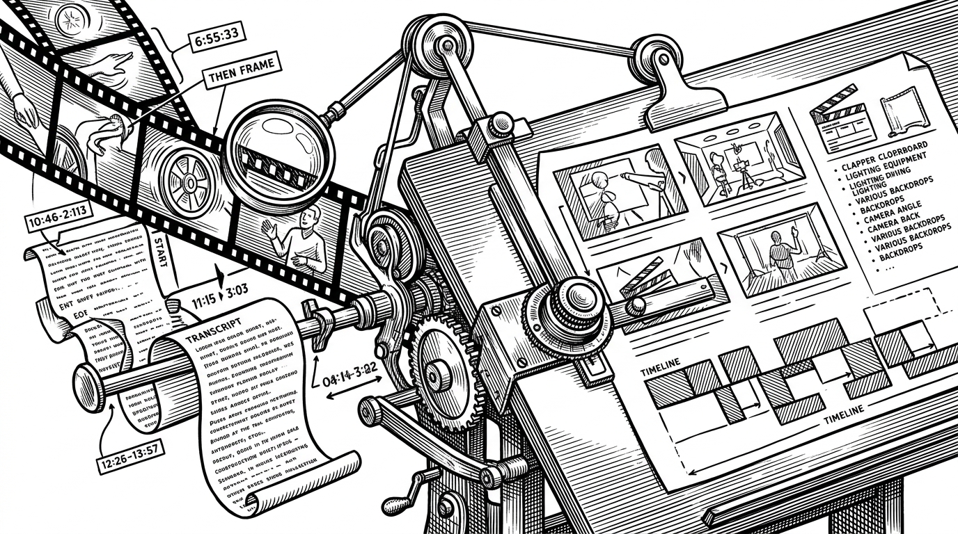 A close view of a reference video being translated into a new storyboard. On the left are a video frame, transcript strip, and pacing markers. On the right are a fresh storyboard, asset list, and timeline blocks. The image explains that OpenMontage transfers structure and rhythm instead of copying pixels.