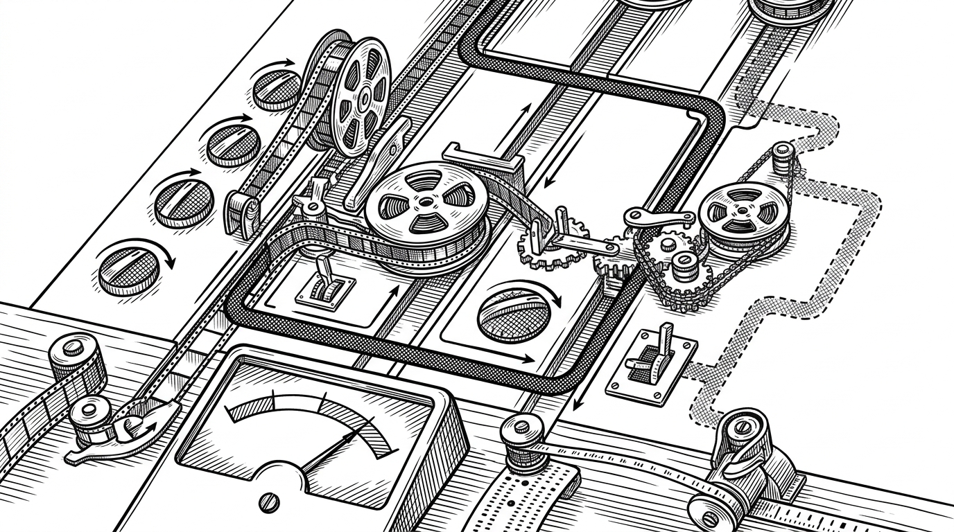 A close-up editorial illustration of a production control panel with three lanes: AI generation, code composition, and final render. Provider switches, a budget meter, and a timing strip show one chosen route and one fallback route, making the orchestration logic visible at a glance.