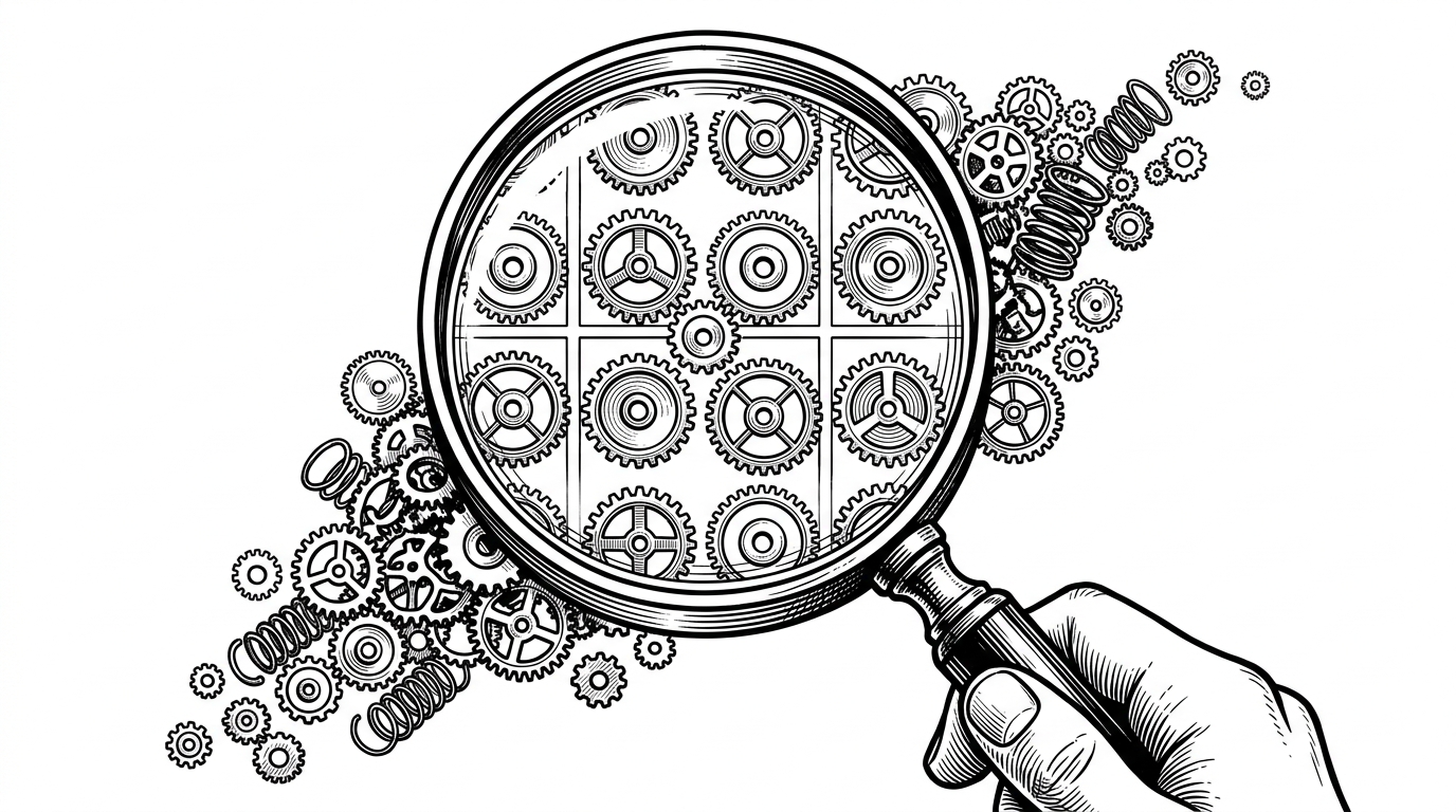 A magnifying glass held over a dense pile of gears and springs. Through the lens, the chaotic parts are organized into a neat grid. This illustrates Caliber's file tree truncation and categorization process.