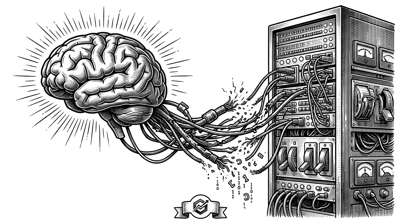 A pristine metallic brain connected to fraying, rotting mechanical cables. This represents how modern LLMs are hindered by outdated context files.