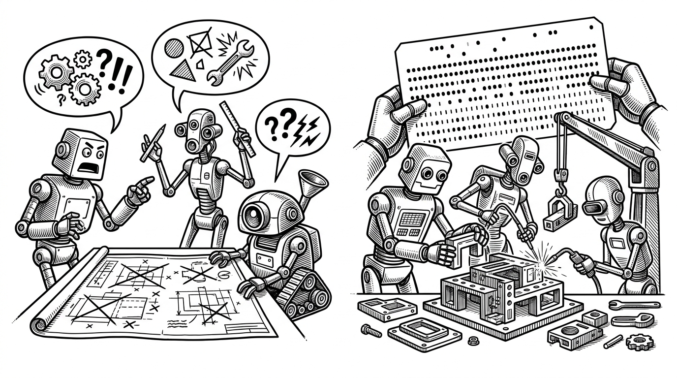 Three different robots arguing over a blueprint on the left. On the right, the robots work in perfect synchronization guided by a single master punch card. This visualizes Caliber resolving multi-agent configuration conflicts.