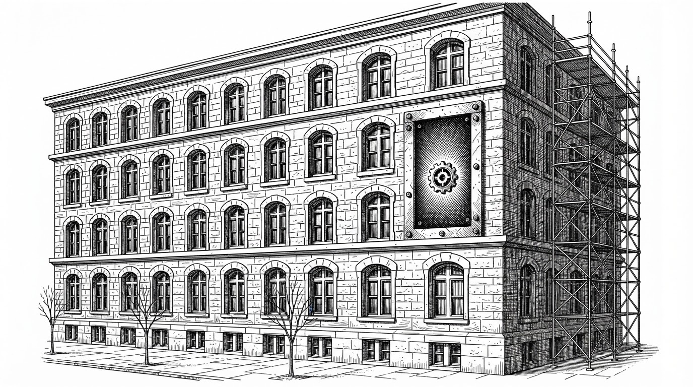 A wide editorial illustration of a large, solidly built stone building with many identical carved windows. One window has been cleanly removed and replaced by a distinctly different glowing, crosshatched panel with a small gear motif bolted into the same frame. Scaffolding sits on one side and the building's other windows are untouched. It shows incremental adoption: one piece swapped while everything else stays.