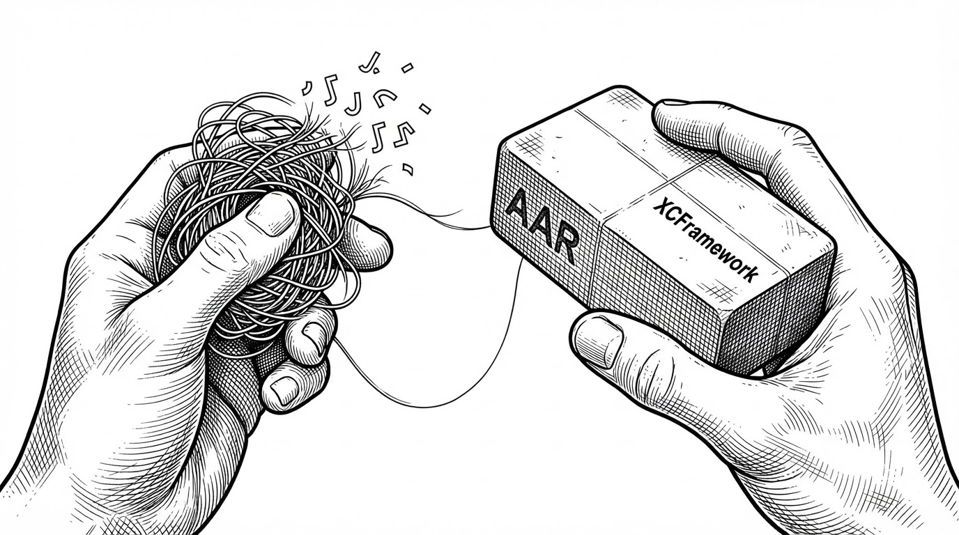 A close-up editorial illustration of two hands. The left hand holds a loose, tangled spool of thin lines and small JavaScript-shaped fragments. The right hand holds a single dense, solid machined brick stamped with the words for the native artifacts on its faces, with faint crosshatched seams showing it was pressed from the tangle. A thin thread still connects the spool to the brick.
