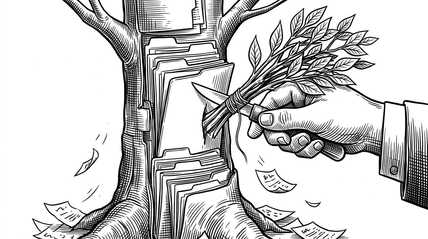 A close-up of a hand grafting new branches onto a tree whose trunk is made from nested file folders. Loose paper scraps fall away below, showing the difference between curated structure and disposable notes.
