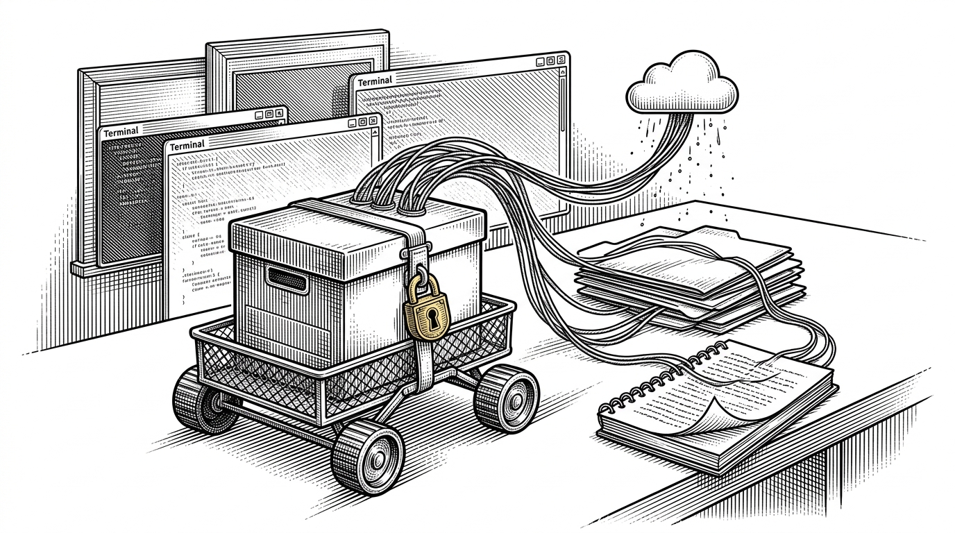 A small rover-like cart carrying a locked filing box between several terminal windows on a clean desk. Threads run from the box into folders, notebooks, and a cloud icon, showing how project memory moves with the developer instead of staying trapped in one chat window.