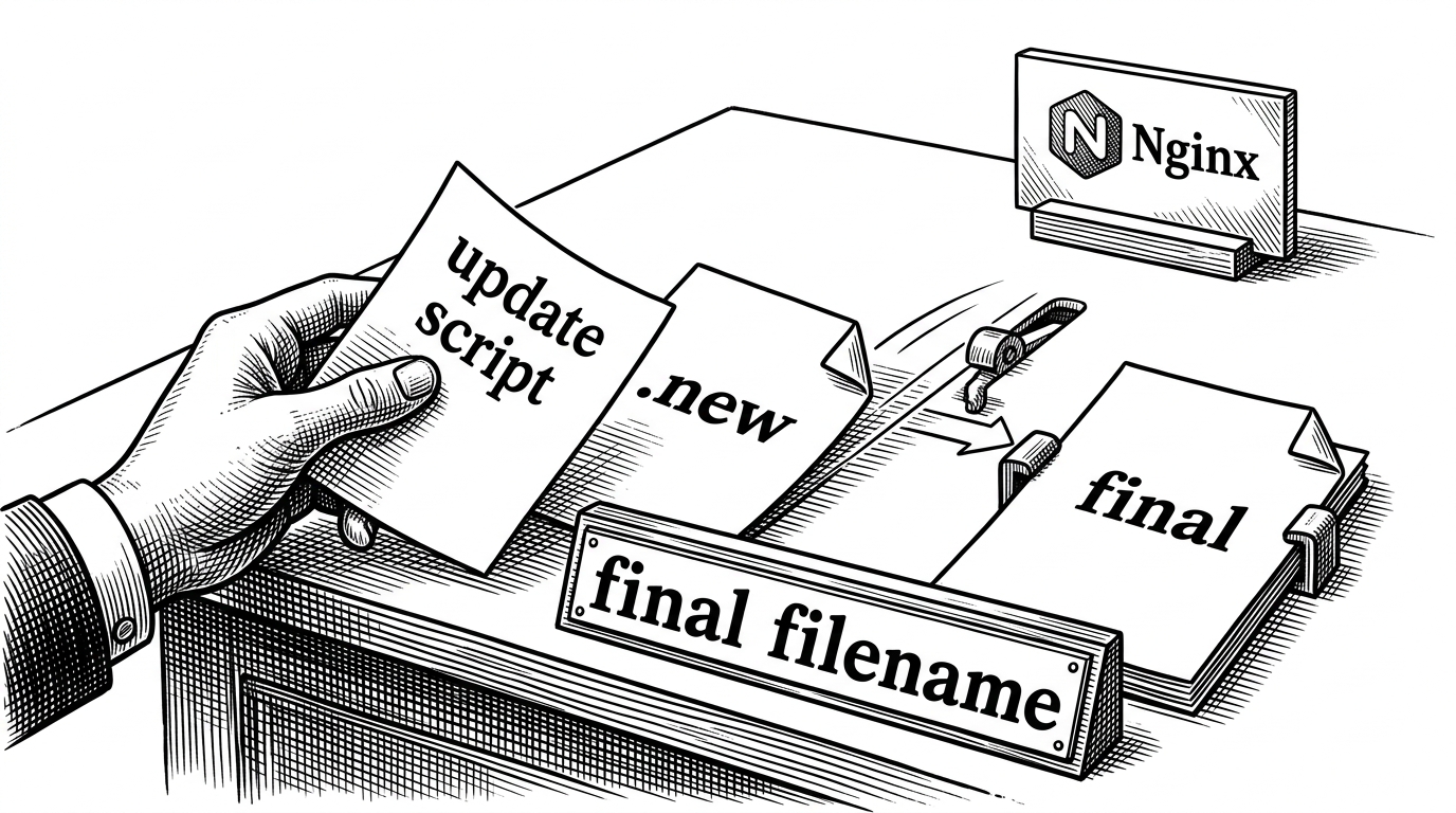 A close-up black-ink Unix workbench where a temporary .new file is slid into place beside the final filename. An update script hand and a small Nginx sign frame the moment before the swap. It explains how atomic publishing prevents partial reports from ever being served.