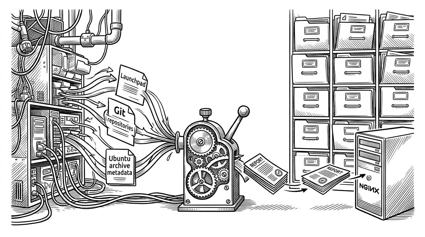 A wide black-ink editorial scene of a busy archive workflow being converted into a neat wall of static report files. The left side shows live inputs and tangled pipes, while the right side shows ordered folders feeding Nginx. It explains the repo’s central idea: turn volatile archive state into durable static output.