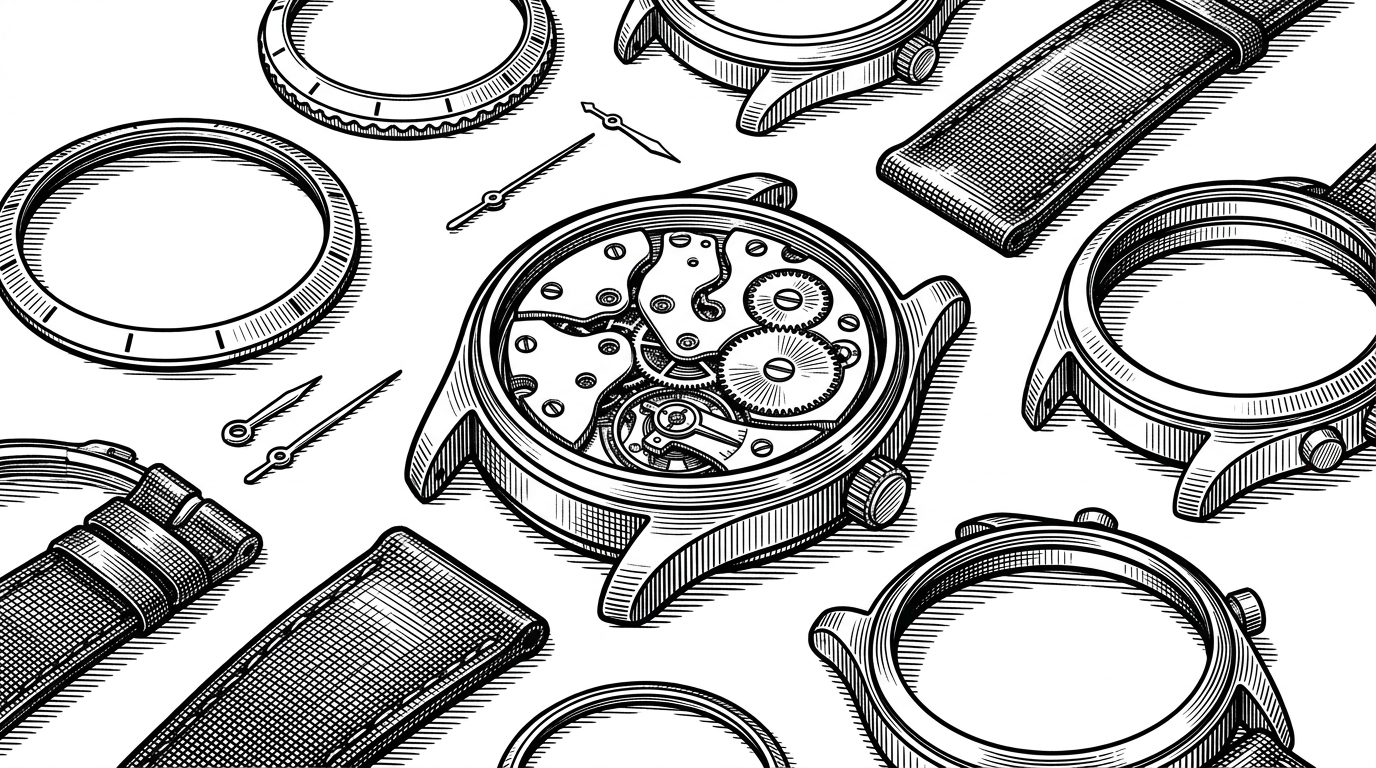 A watchmaker's bench where a single mechanism can receive different bezels, hands, and straps without changing the movement. The image explains how Ousia UI keeps shared primitives stable while letting each component accept local style variation.