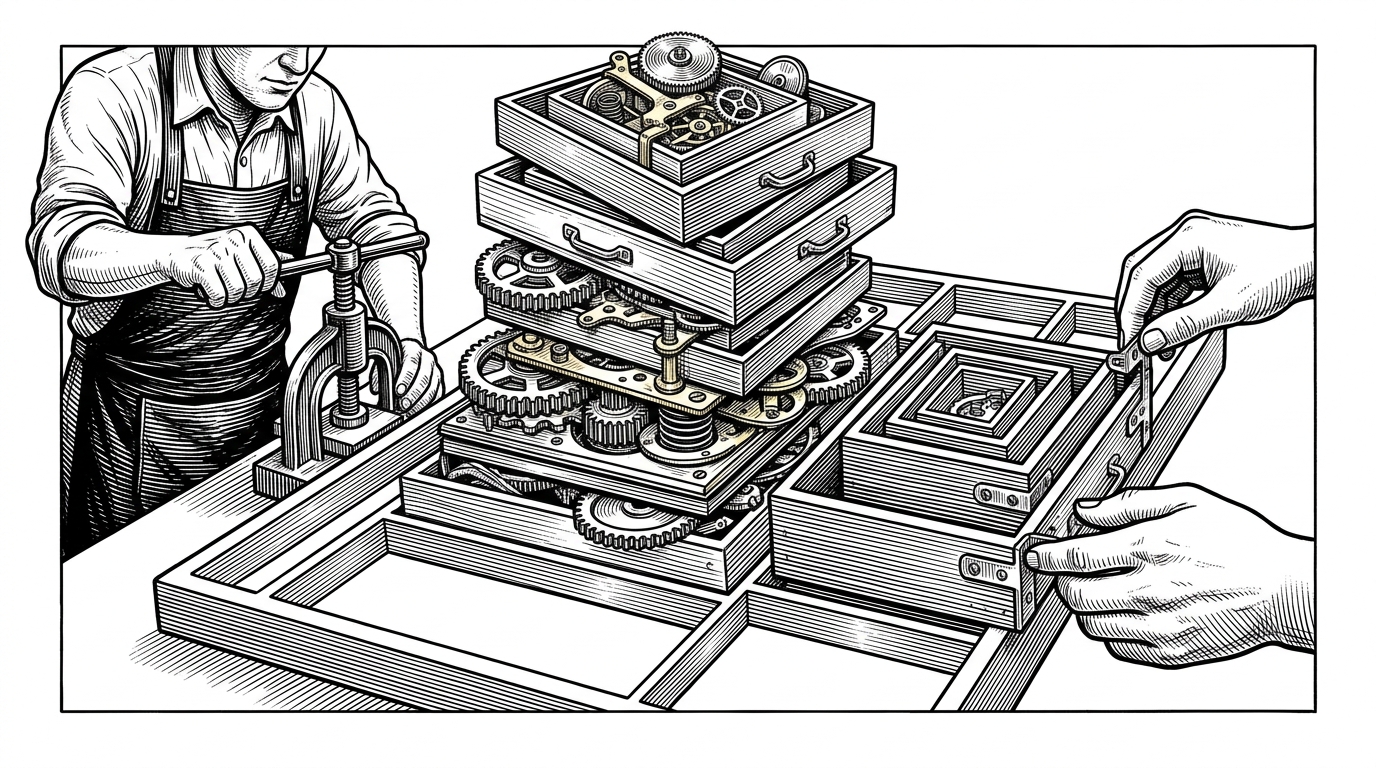 A dense stack of nested drawers, gears, and brass parts being pressed into a single flat drafting board with tidy compartments. The scene explains how Ousia UI tries to reduce dependency sprawl while keeping customization close to each component.