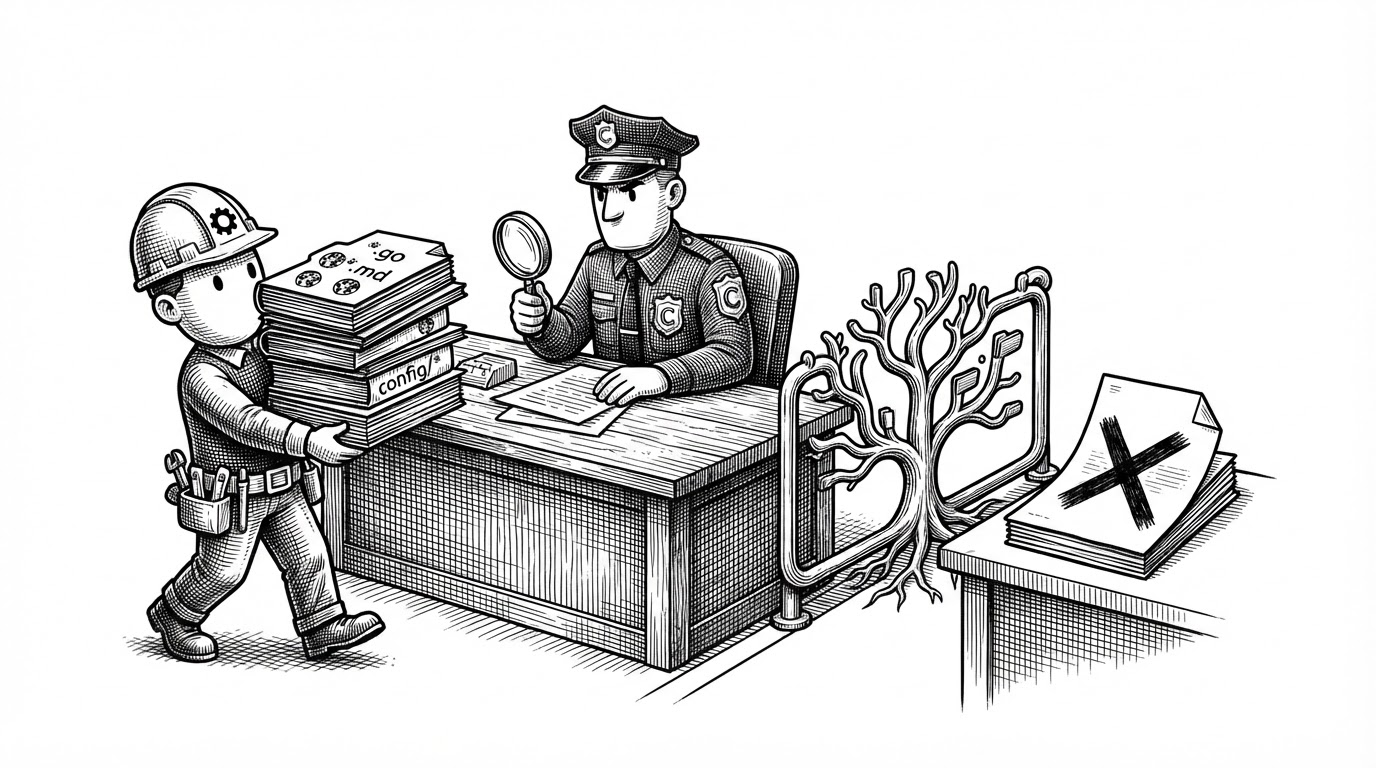 A close-up customs checkpoint for code changes, with a builder agent carrying files stamped with allowed glob patterns while an out-of-bounds file is redirected by a guardrail shaped like a filesystem tree. The image explains how the repo enforces write surfaces instead of trusting agent intent.