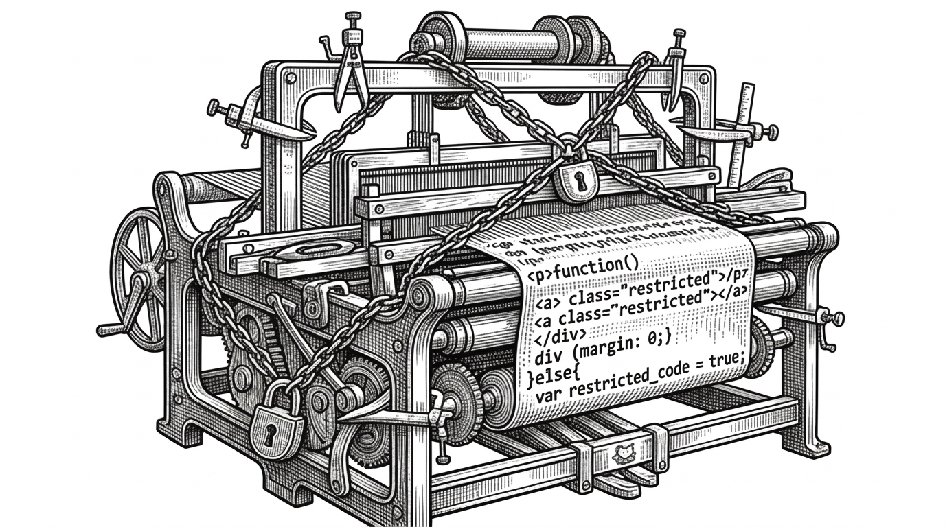 A massive mechanical loom weaving code, heavily restricted by iron chains and padlocks.
