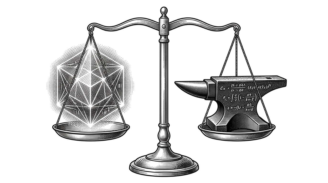 A perfectly balanced brass scale with an ethereal geometric shape on one side and a heavy iron anvil engraved with physics equations on the other.