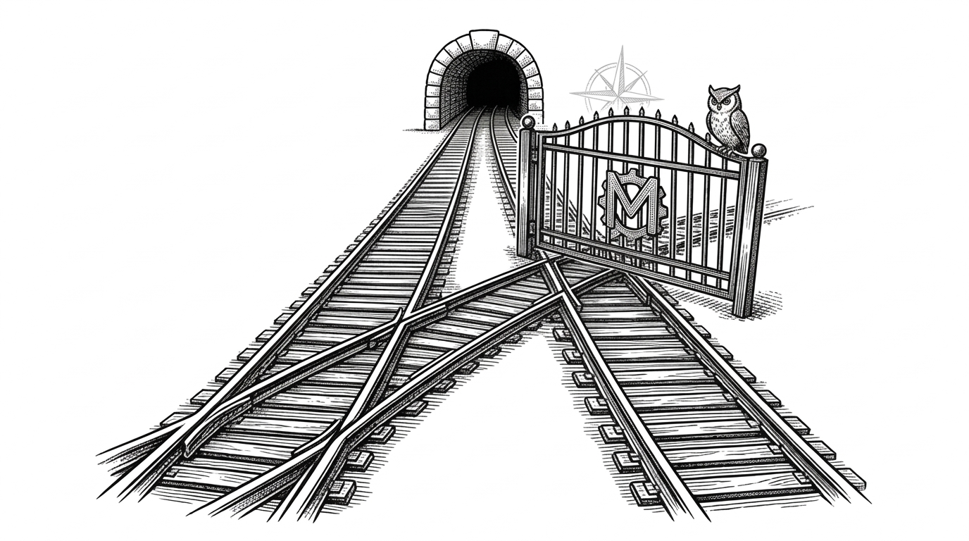 A train track splitting into two identical paths, with a heavy iron gate crashing down to block one route.