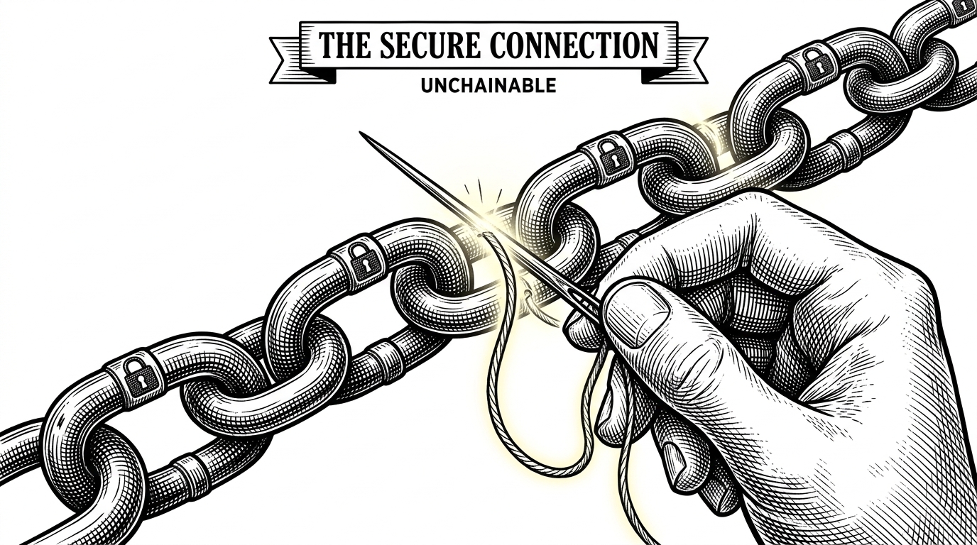 A needle and thread stitching heavy iron links together, representing the hash-chained audit logs in Knit.