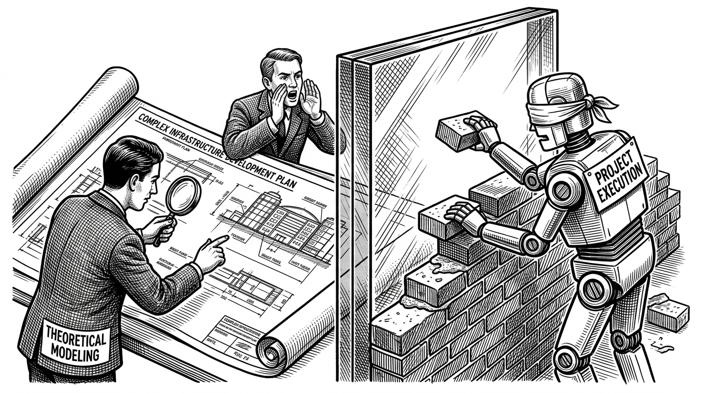 A human looking at a detailed blueprint while a blindfolded robot tries to build a wall, representing the sensory gap between humans and AI.
