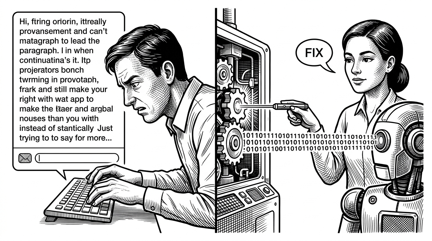 A split view showing the old way of typing bug reports versus the new way of pointing a laser to generate structured data.