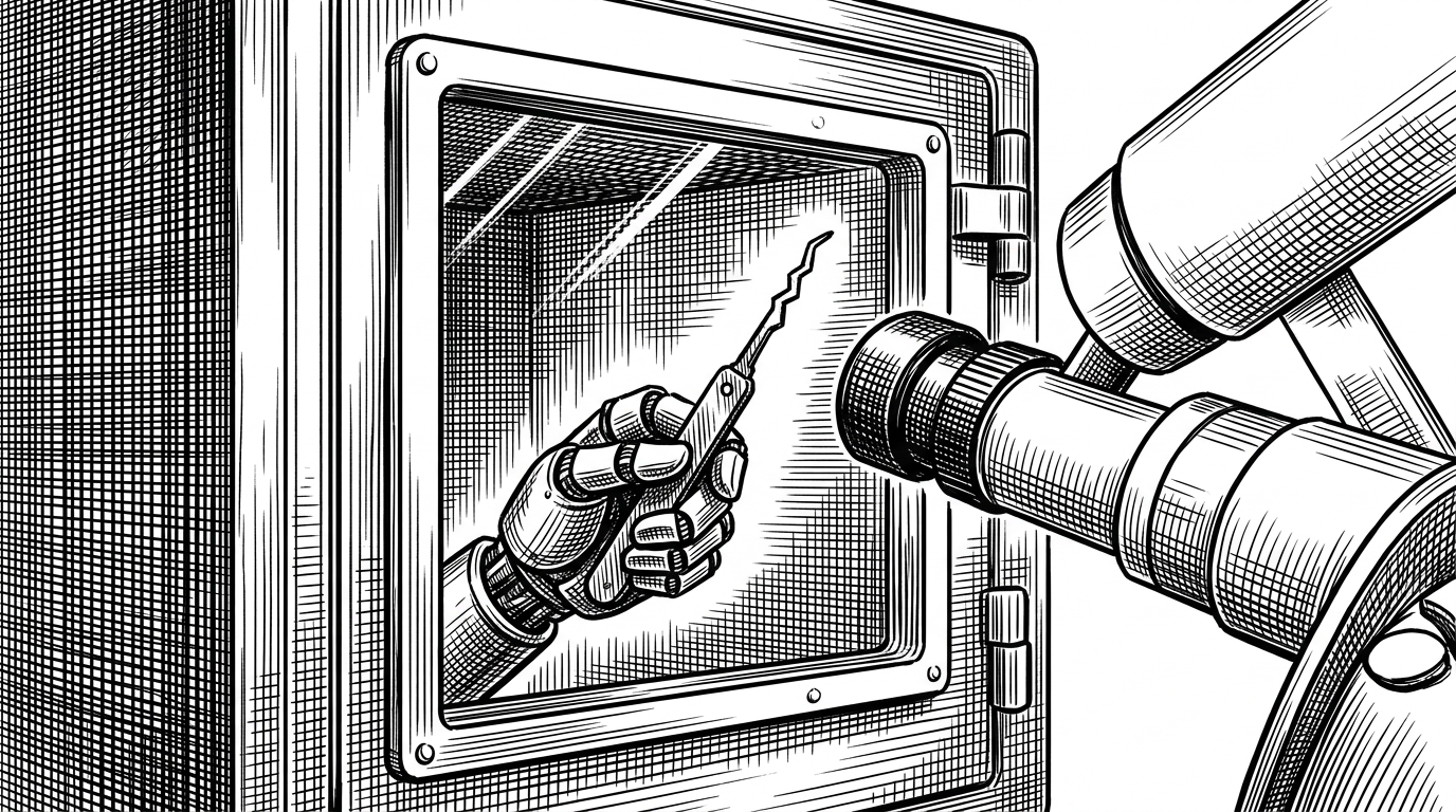 A heavy steel quarantine vault with a observation window. A mechanical hand inside holds a lockpick, while a pristine microscope lens focuses on it from the outside. This illustrates the concept of safely inspecting dangerous autonomous tools.