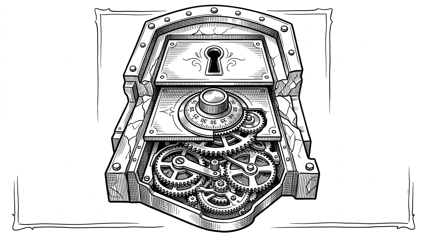 A cross-section of an antique bank vault door revealing three distinct locking mechanisms layered on top of each other: a keyhole, a combination dial, and intricate clockwork gears. This represents the three layers of agent risk.