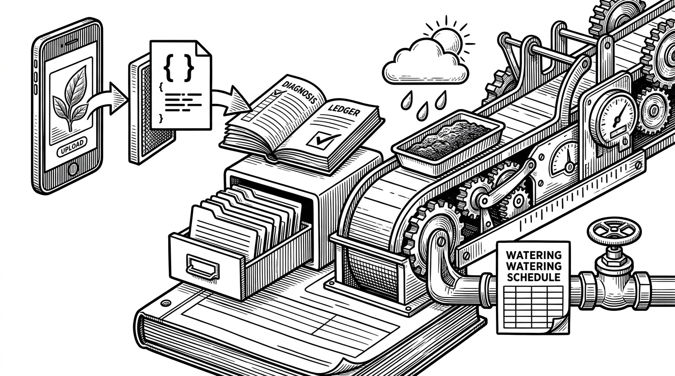 A close-up pipeline shows a smartphone uploading a leaf image into a stamped JSON gate, then into a diagnosis record. Beside it, a parallel lane takes weather and soil inputs through a set of rule levers into watering advice. It explains how the repo separates machine vision from deterministic decision-making.