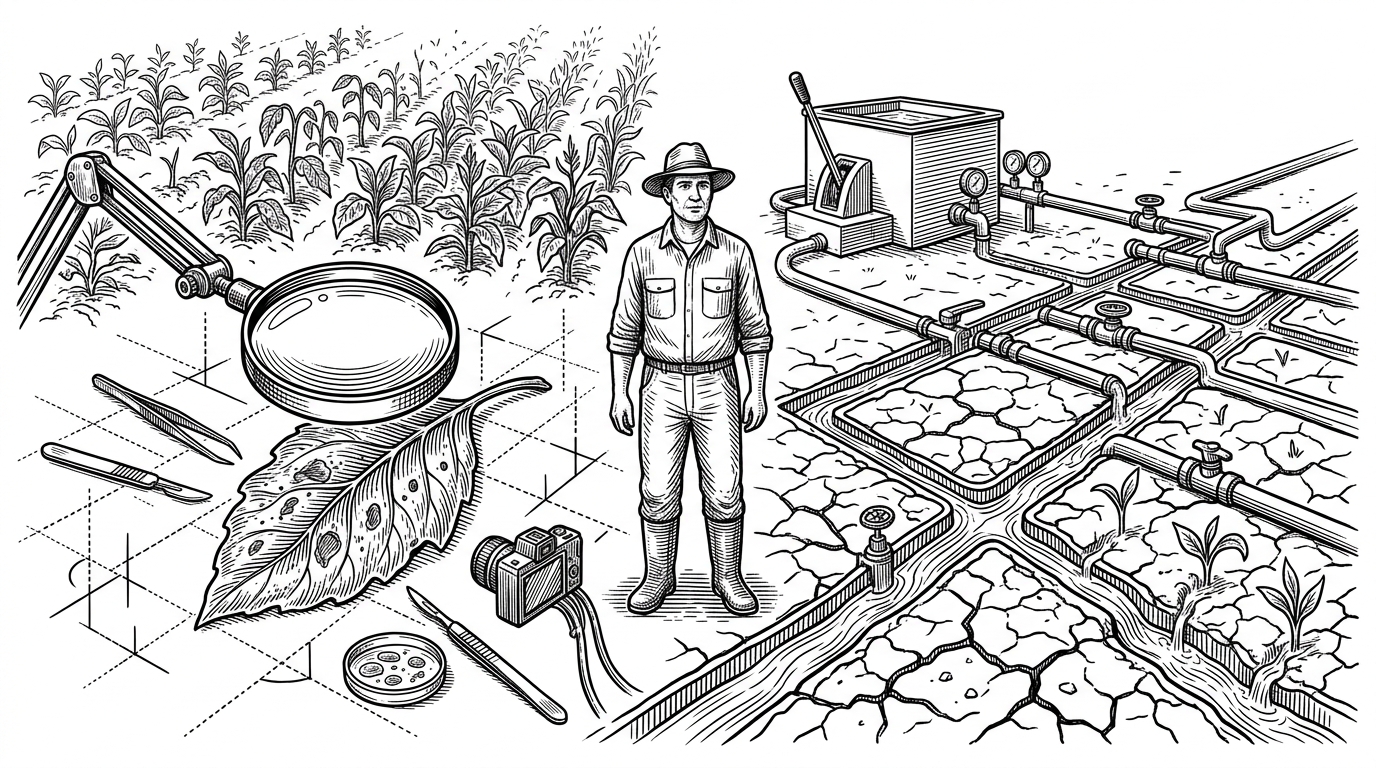 A wide split-field scene shows one farmer standing between two working systems. On the left, a magnifying lens frames a diseased leaf and a tight diagnostic mechanism. On the right, irrigation channels and valves run through dry soil like a mechanical plan. It explains the repo’s core idea: <span class=