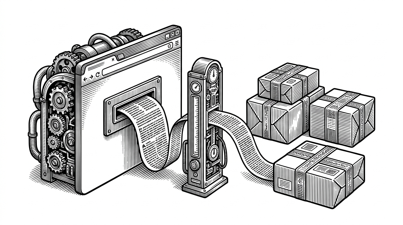 A browser window is drawn like a heavy machine on the left, with text passing through a measuring station once and then fanning out into several wrapped output blocks on the right. The image explains that pretext separates expensive measurement from cheap repeated layout.