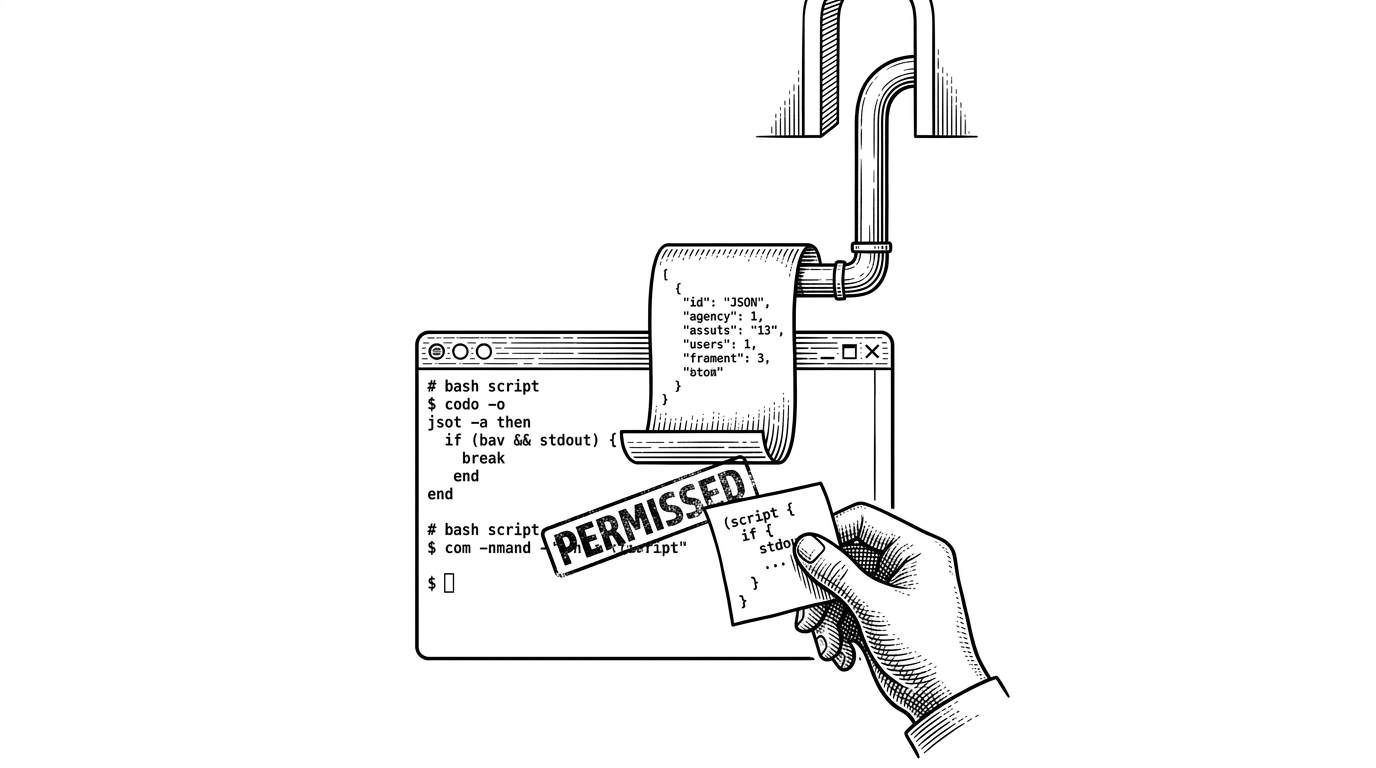 A close-up of a Bash script page inside a terminal window, with one JSON object leaving stdout like a stamped permit. The scene focuses on the boundary between code and policy, where a single response can change whether Claude Code proceeds, pauses, or asks again. It explains how a shell hook can steer agent behavior with very little surface area.