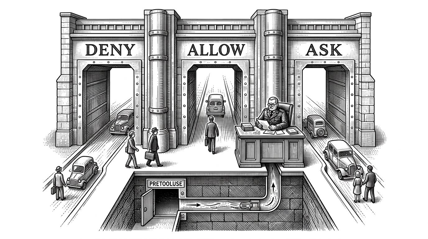 A fortified terminal checkpoint stands in the center of a white field, with three visible lanes marked deny, allow, and ask. A hidden side hatch beneath the floor feeds into the checkpoint, showing that the real control point lives below the visible policy surface. The image explains that Claude Code hooks can act like a programmable firewall rather than a static config file.