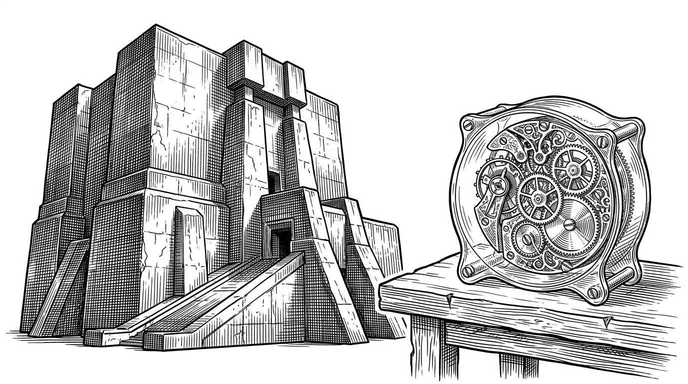 A massive concrete fortress next to a small, transparent glass clockwork mechanism. This contrasts opaque production AI frameworks with transparent, educational code.