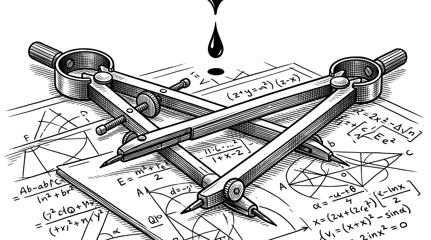 A close-up of a brass drafting compass and straightedge on a complex mathematical blueprint, with a suspended drop of black ink. This represents the precision of manual tensor operations.