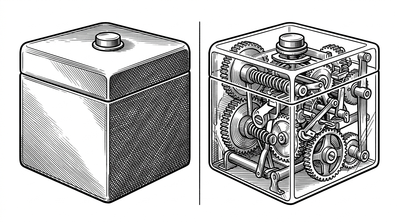 Two mechanical devices side by side. On the left, a sleek, sealed black box with a single red button. On the right, an identical machine but the casing is entirely made of clear glass, exposing a complex arrangement of spinning gears, springs, and raw velocity transfer mechanisms.