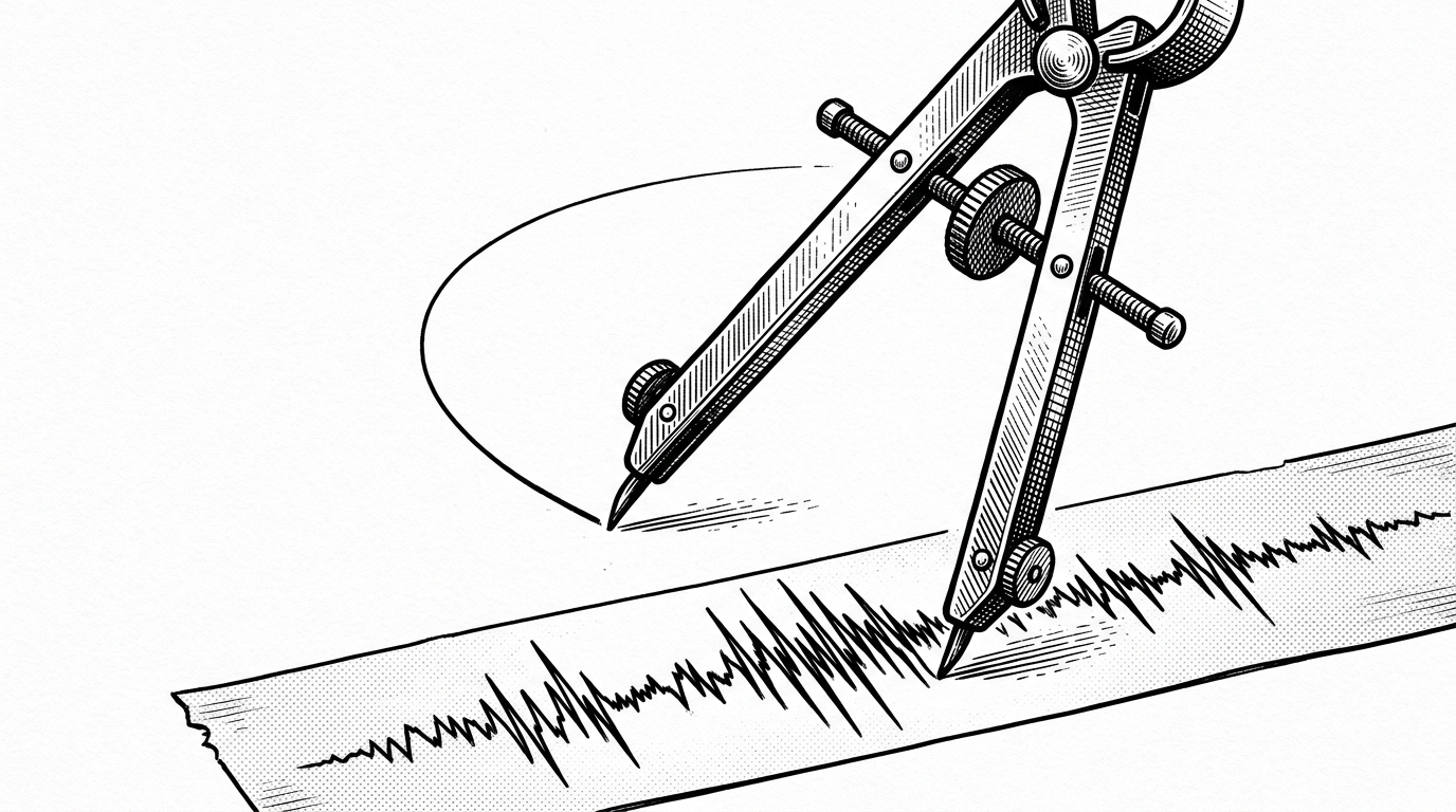 An extreme close-up of a sharp metal drafting compass drawing a perfectly smooth, continuous arc across the page. Beneath the compass point is a strip of paper tape showing a jagged, erratic seismograph reading.