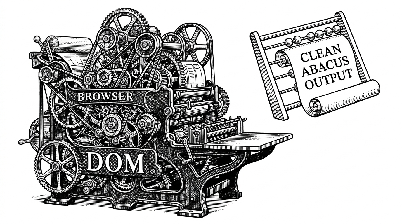 Illustration contrasting a massive, complex printing press with a simple, clean abacus. It represents the extraction of pure mathematical layout from the heavy machinery of the browser DOM.