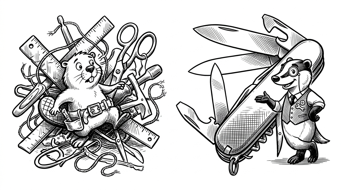 Illustration contrasting a chaotic pile of mismatched tools on the left with a single, precisely machined Swiss Army knife on the right. This represents the shift from chained libraries to a unified engine.