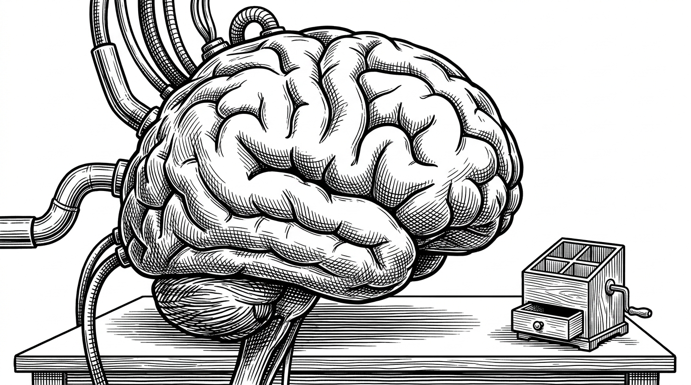 A massive mechanical brain hooked to cables beside a small hand-cranked wooden sorting box. This illustrates the contrast between complex modern machine learning and the simple, minimalist approach of the chenglou/mnist project.