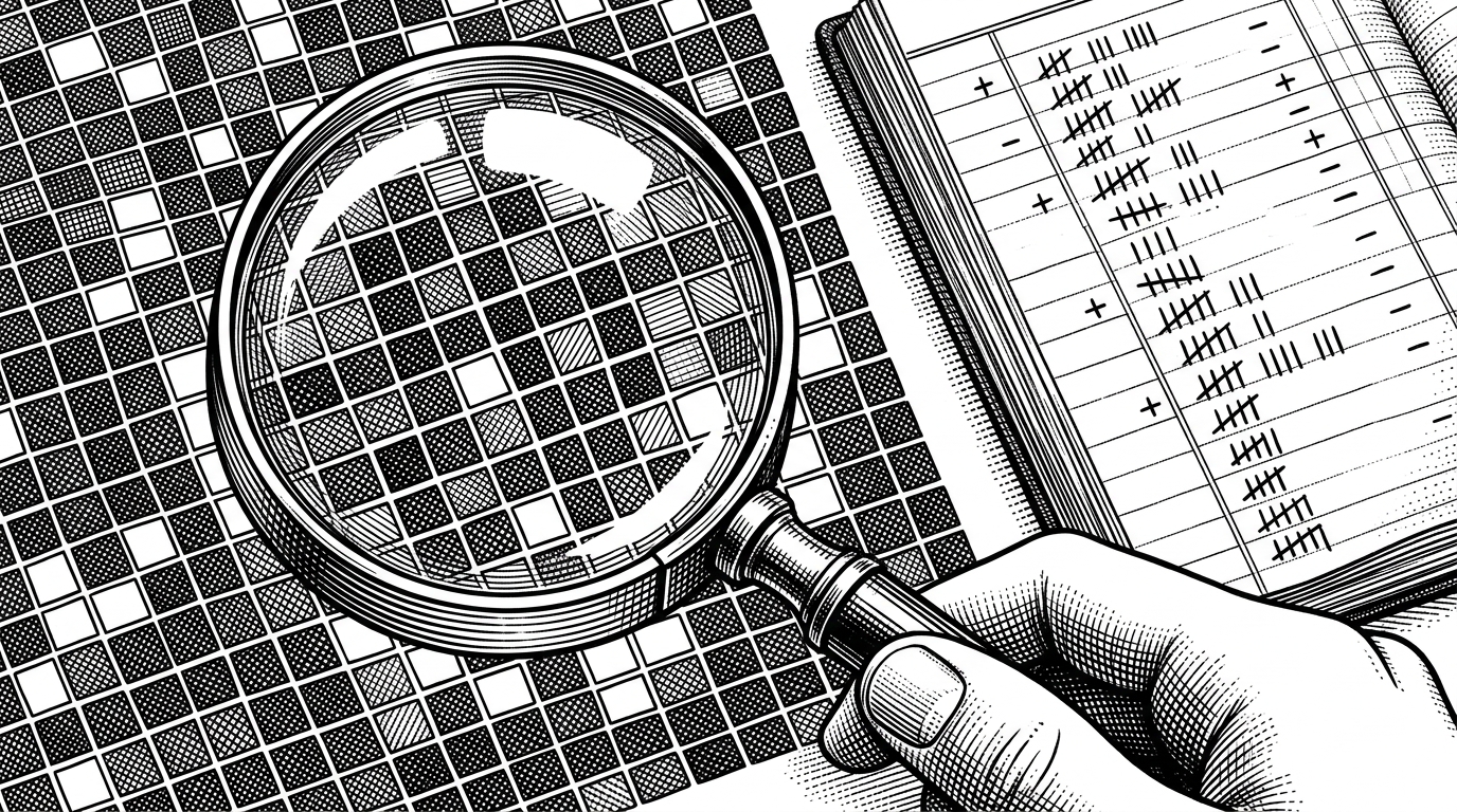 A close-up of a magnifying glass hovering over a grid of black and white square tiles, with a vintage accountant's ledger book nearby. This represents the precise, accounting-like nature of the deterministic scoring algorithm.